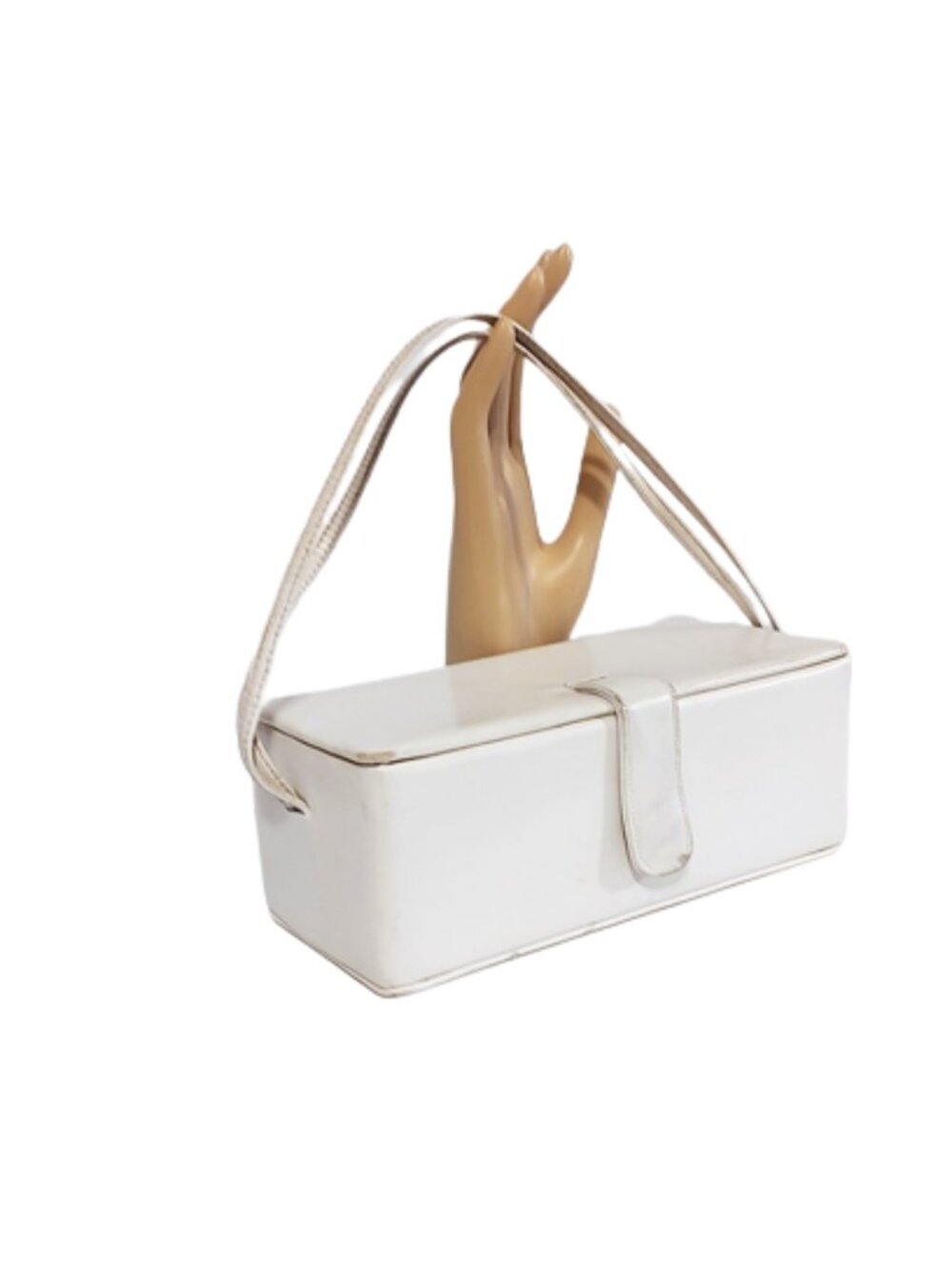 1950s True Vintage White Real Leather Box Handbag Purse With 2 Top Handles